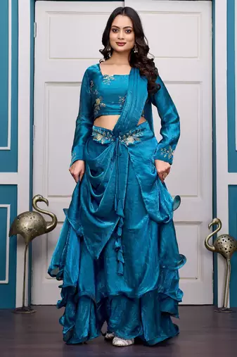 teal blue fendy satin embroidered lehenga set