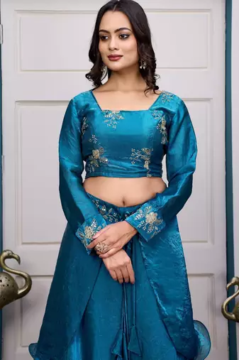teal blue fendy satin embroidered lehenga set