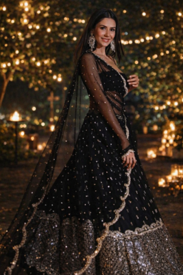 black sequins georgette lehenga with satin blouse & dupatta 1