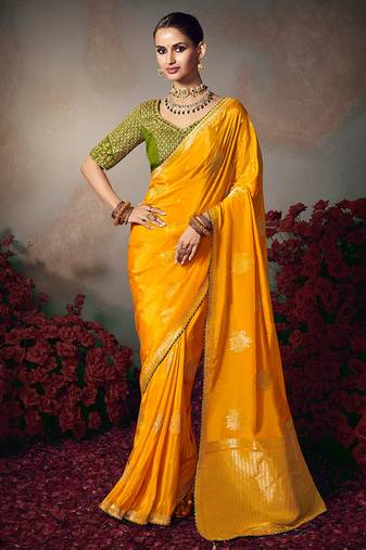 yellow chiniya silk blend saree heavy designer embroidered blouse