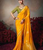 yellow chiniya silk blend saree heavy designer embroidered blouse