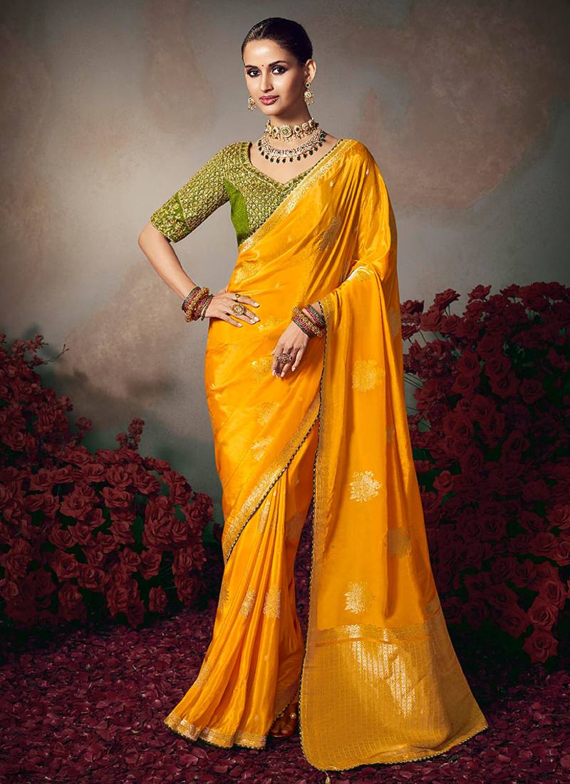 yellow chiniya silk blend saree heavy designer embroidered blouse