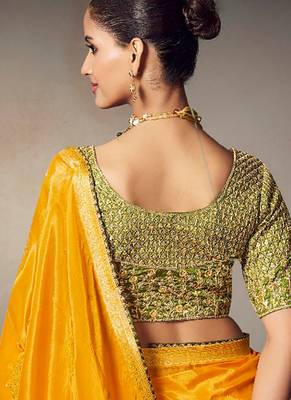 yellow chiniya silk blend saree heavy designer embroidered blouse 2