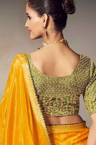 yellow chiniya silk blend saree heavy designer embroidered blouse