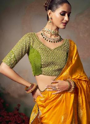 yellow chiniya silk blend saree heavy designer embroidered blouse 3