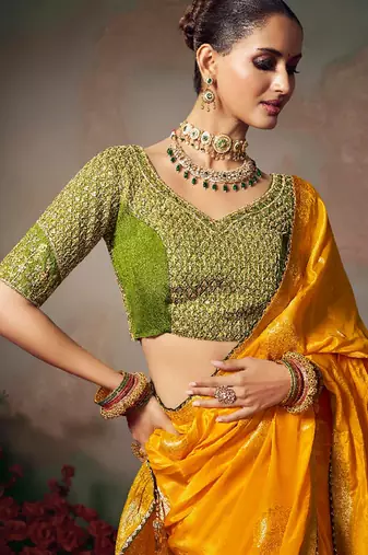 yellow chiniya silk blend saree heavy designer embroidered blouse
