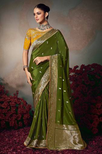 green chiniya silk blend saree heavy designer embroidered blouse