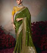 green chiniya silk blend saree heavy designer embroidered blouse