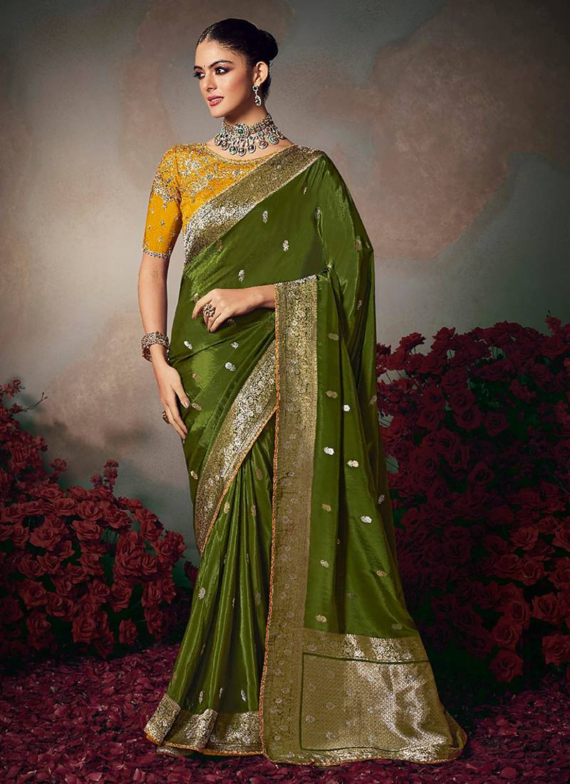 green chiniya silk blend saree heavy designer embroidered blouse