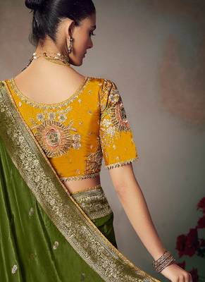 green chiniya silk blend saree heavy designer embroidered blouse 2