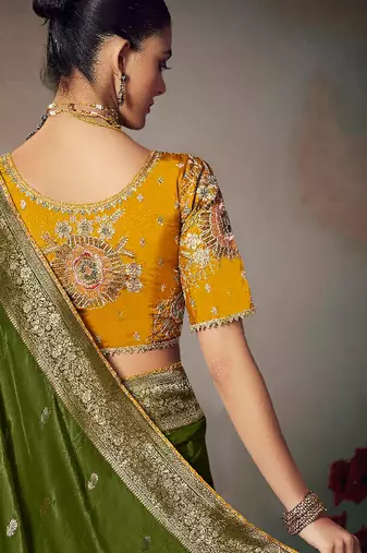 green chiniya silk blend saree heavy designer embroidered blouse