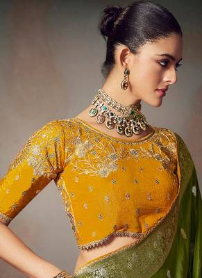 green chiniya silk blend saree heavy designer embroidered blouse 3