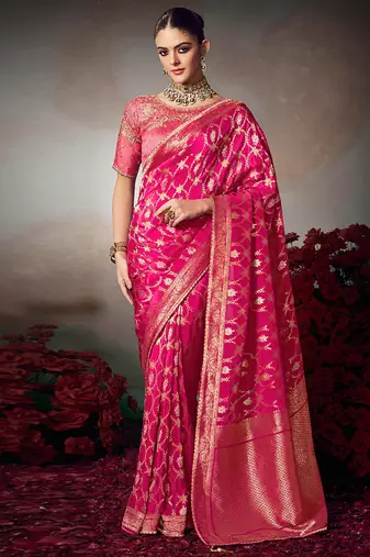 magenta chiniya silk blend saree heavy designer embroidered blouse