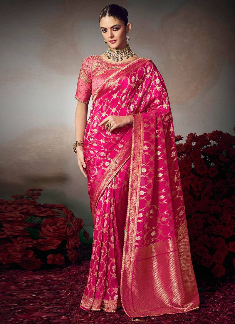 magenta chiniya silk blend saree heavy designer embroidered blouse