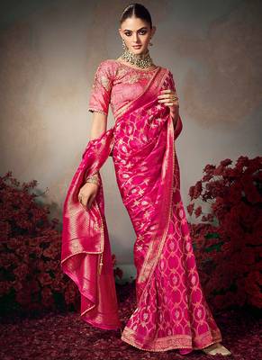 magenta chiniya silk blend saree heavy designer embroidered blouse 2