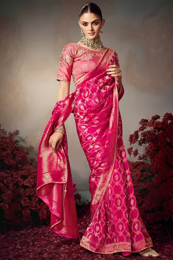 magenta chiniya silk blend saree heavy designer embroidered blouse