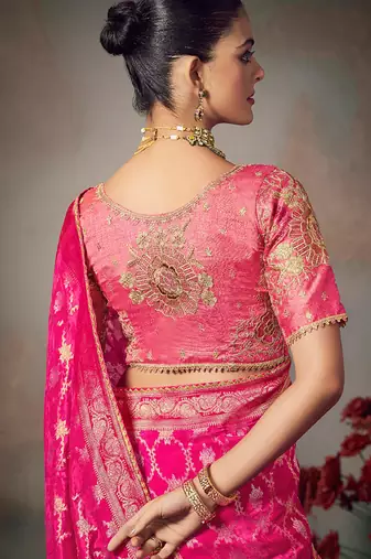 magenta chiniya silk blend saree heavy designer embroidered blouse