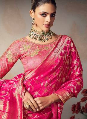 magenta chiniya silk blend saree heavy designer embroidered blouse 4