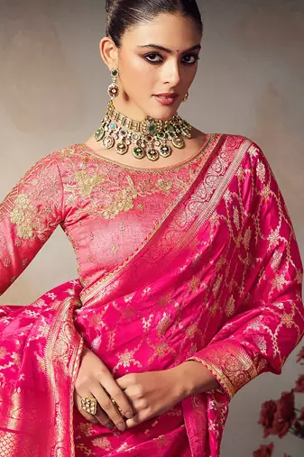 magenta chiniya silk blend saree heavy designer embroidered blouse