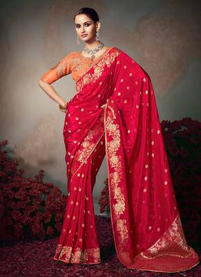 red chiniya silk blend saree heavy designer embroidered blouse 1