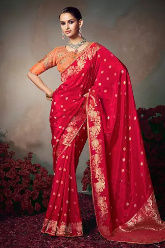red chiniya silk blend saree heavy designer embroidered blouse