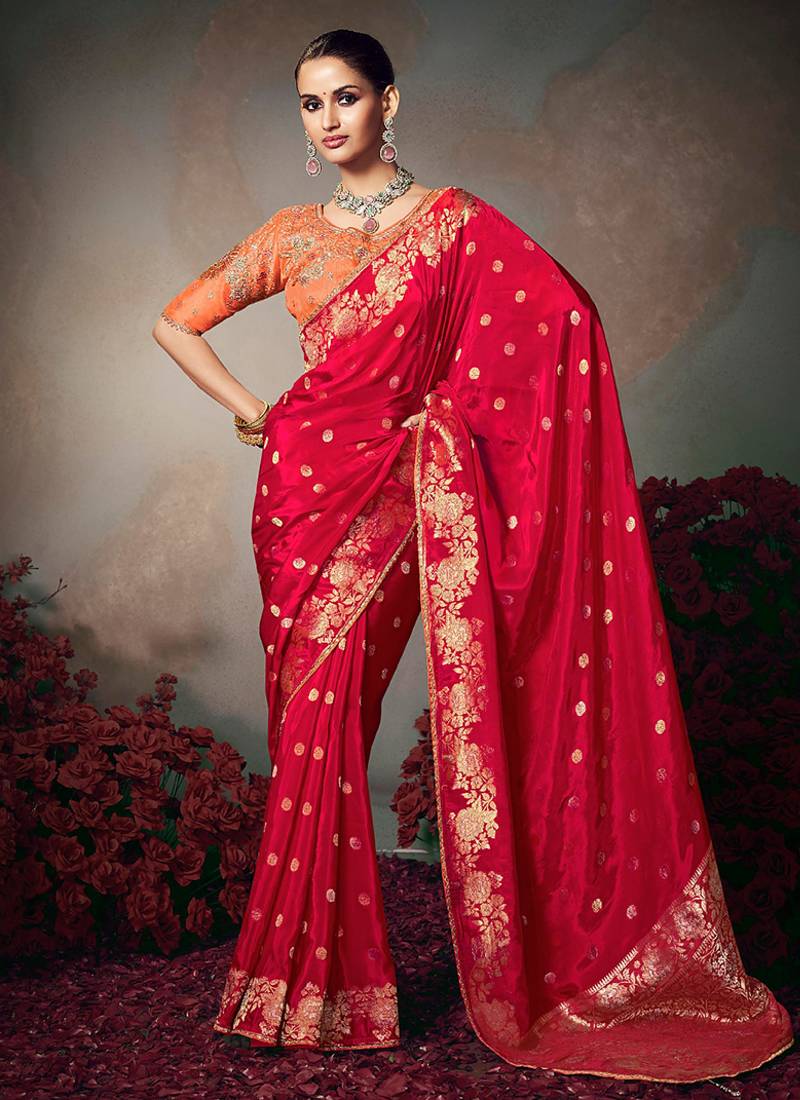 red chiniya silk blend saree heavy designer embroidered blouse