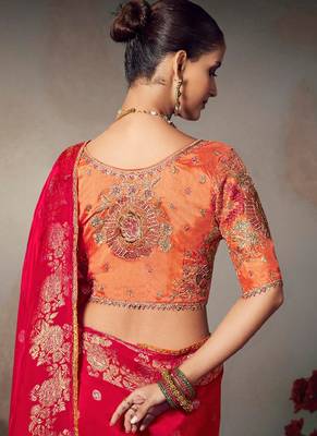 red chiniya silk blend saree heavy designer embroidered blouse 2