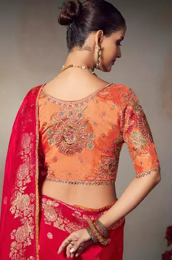 red chiniya silk blend saree heavy designer embroidered blouse