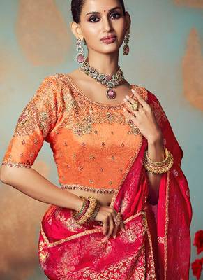 red chiniya silk blend saree heavy designer embroidered blouse 3