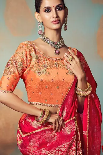 red chiniya silk blend saree heavy designer embroidered blouse