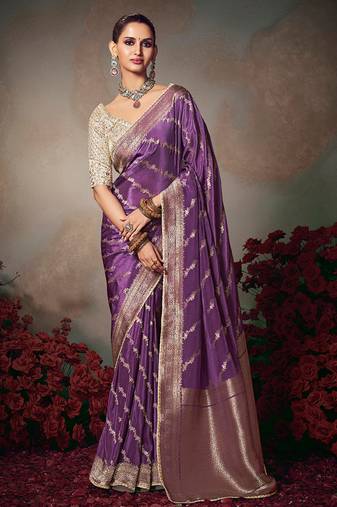 purplw chiniya silk blend saree heavy designer embroidered blouse