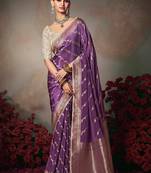 purplw chiniya silk blend saree heavy designer embroidered blouse