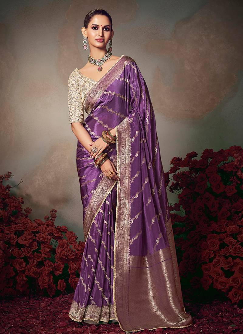 purplw chiniya silk blend saree heavy designer embroidered blouse