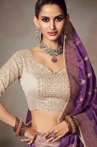 purplw chiniya silk blend saree heavy designer embroidered blouse