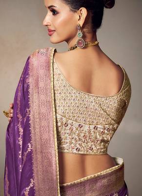 purplw chiniya silk blend saree heavy designer embroidered blouse 3
