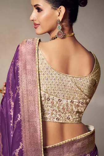 purplw chiniya silk blend saree heavy designer embroidered blouse