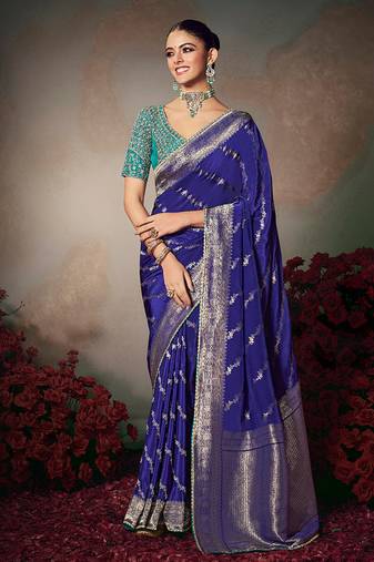 blue chiniya silk blend saree heavy designer embroidered blouse