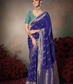 blue chiniya silk blend saree heavy designer embroidered blouse