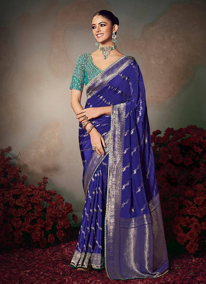blue chiniya silk blend saree heavy designer embroidered blouse