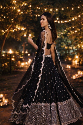 black sequins georgette lehenga with satin blouse & dupatta 3