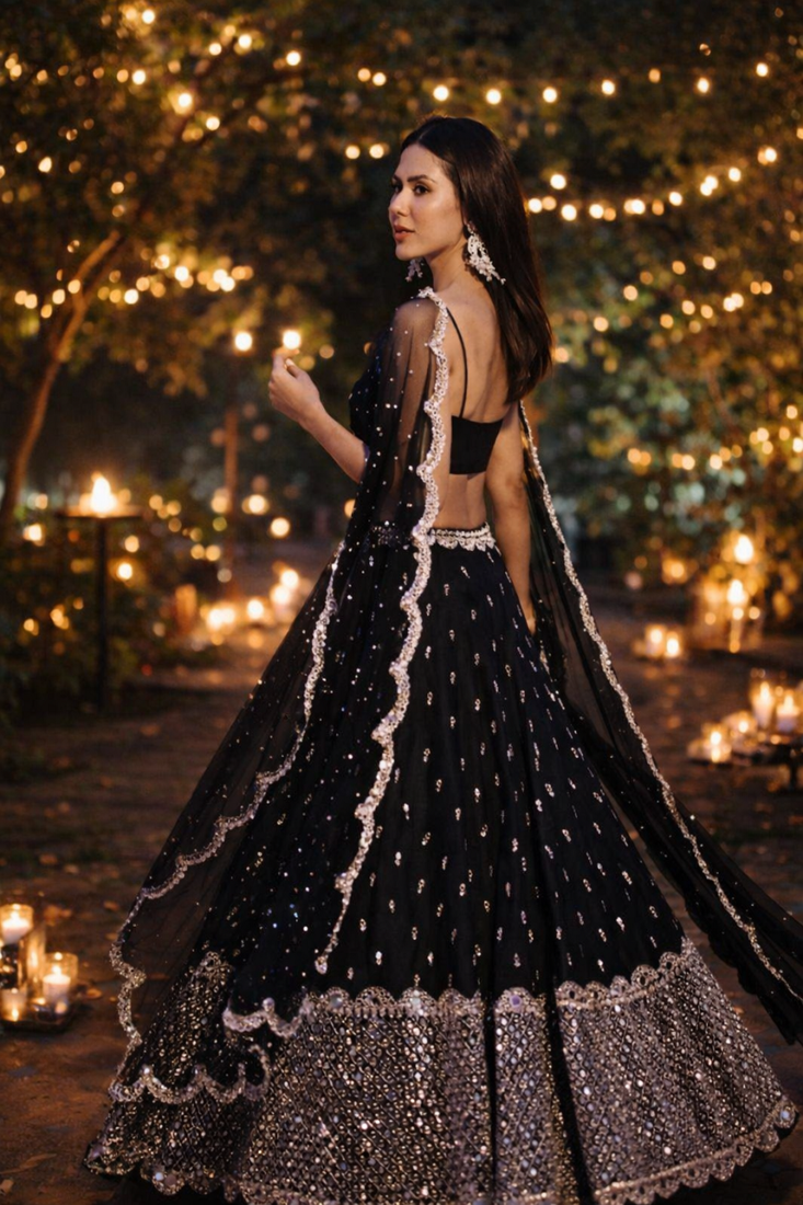 black sequins georgette lehenga with satin blouse & dupatta