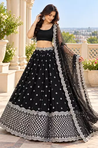 black sequins georgette lehenga with satin blouse & dupatta