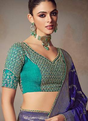 blue chiniya silk blend saree heavy designer embroidered blouse 2