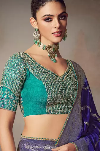 blue chiniya silk blend saree heavy designer embroidered blouse