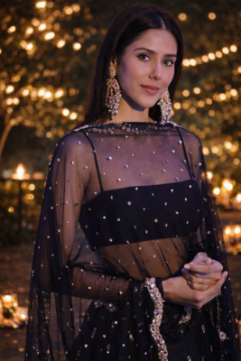 black sequins georgette lehenga with satin blouse & dupatta 4