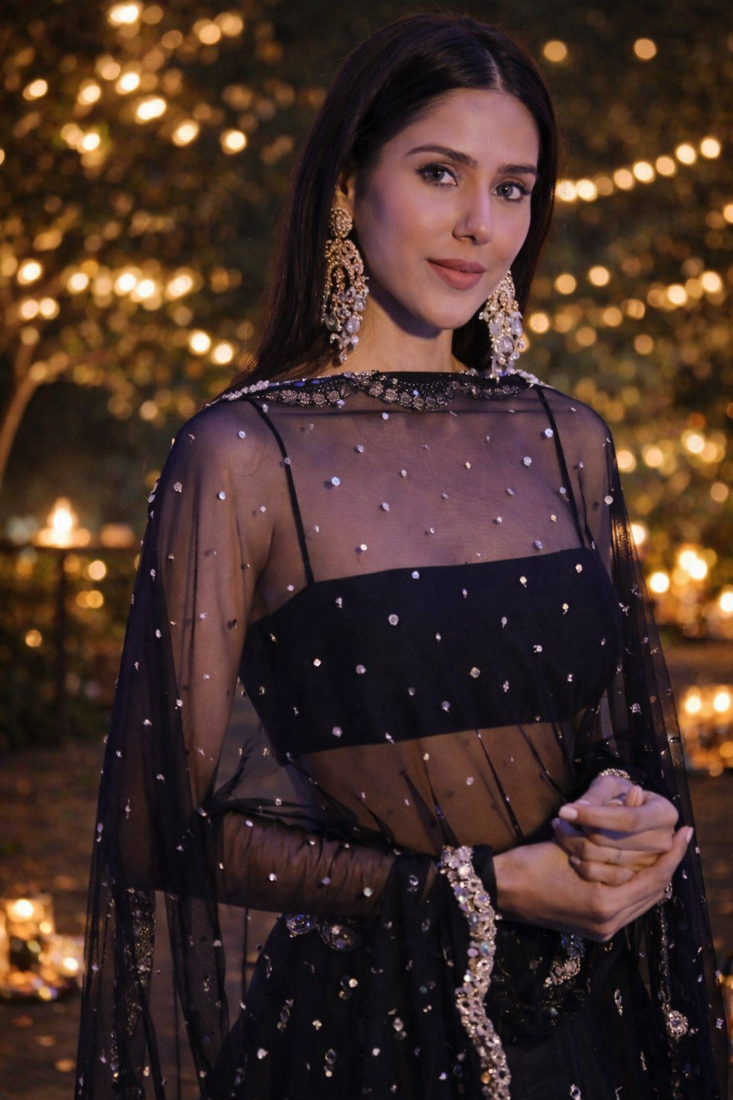 black sequins georgette lehenga with satin blouse & dupatta