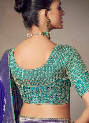blue chiniya silk blend saree heavy designer embroidered blouse 3
