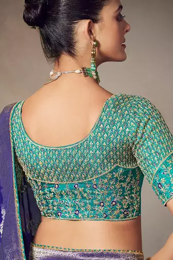 blue chiniya silk blend saree heavy designer embroidered blouse