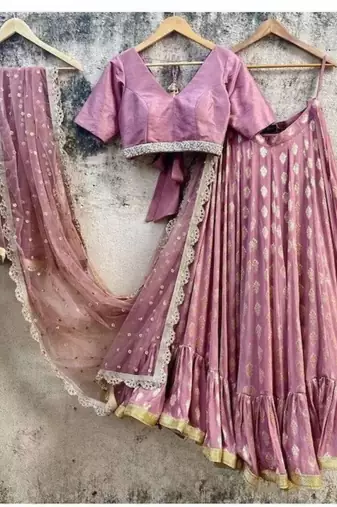 peach banarasi georgette lehenga choli with gold motifs