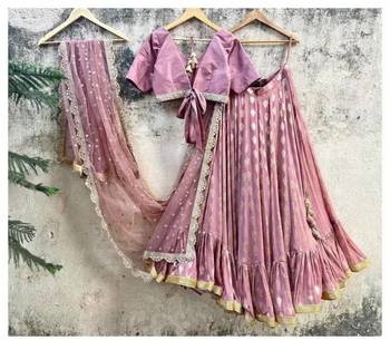 peach banarasi georgette lehenga choli with gold motifs 4